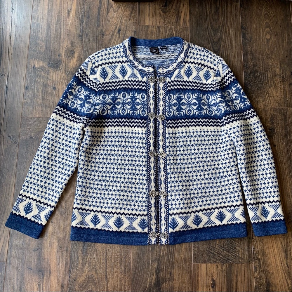Vintage Nordic Icelandic Fair Isle Wool Cardigan Sweater size Large by SKYR